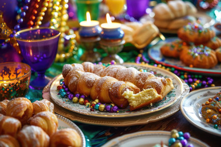 Close-up of a Mardi Gras festive table with traditional pastries and decorations. Celebration and holiday concept for design and print.の素材
