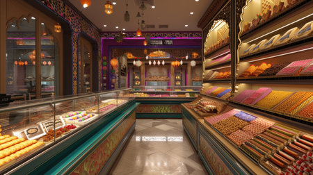 Luxurious interior of a traditional sweet shop with assorted delicaciesの素材