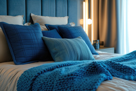 Elegant blue-themed bedroom, highlighted by soft lighting and texturesの素材