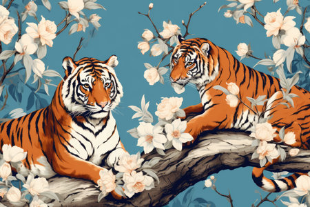 Two tigers resting on a branch among white flowers. Traditional Asian-style illustration for design and print.の素材