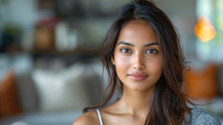 Casual Young Woman with a Gentle Smile in a Modern Home Environmentの素材