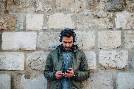 Adult man listening to music on phone in front of textured stone wall. Casual style and leisure concept. Outdoor portrait with place for textの素材
