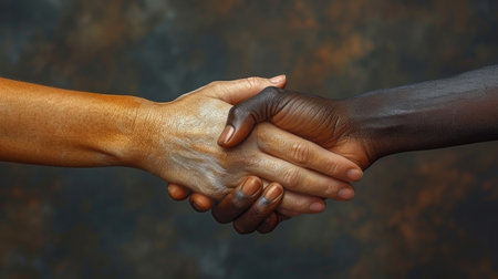 Close-up handshake between individuals of different ethnic backgrounds, signifying partnershipの素材
