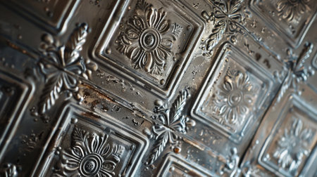 Antique tin ceiling tile with classic embossed pattern. Close-up of vintage architecture detail. Interior design and restoration concept for design and printの素材