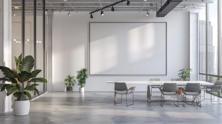 Modern office interior with large blank whiteboard, green plants, and comfortable seating area. Natural light office design concept for design and printの素材