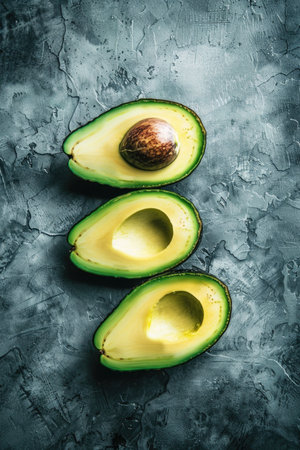 Fresh halved avocados on textured background. Healthy food and vegan concept with copy space for design and culinary themesの素材