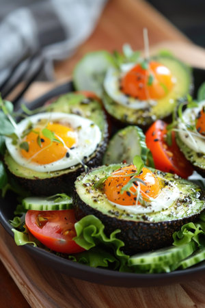 Baked eggs in avocado halves with cherry tomatoes and lettuce on a plate. Healthy eating and vegetarian food conceptの素材