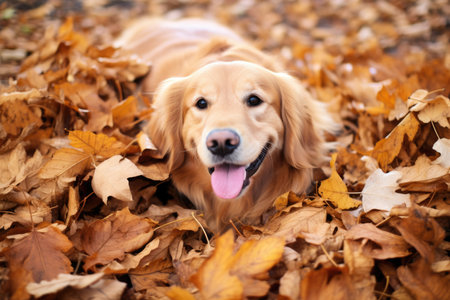 Golden retriever lying in autumn leaves. Pet and autumn season concept. Design for pet care services, greeting card, calendarの素材