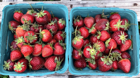 Fresh strawberries in blue cardton boxes on a wooden surface. Organic produce and summer harvest concept for design and printの素材