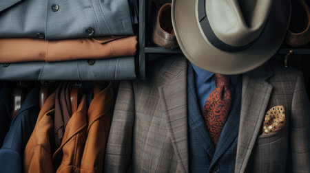 Elegant men's fashion display with suits and accessories. Luxury menswear and tailoring conceptの素材