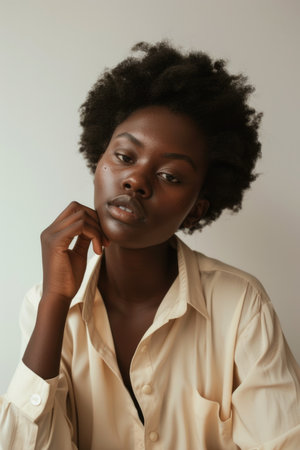 Portrait of a thoughtful young woman with natural afro hairstyle. Fashion and beauty concept. Design for magazine, beauty brand, lifestyle blogの素材