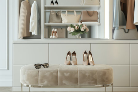 Modern closet with organized fashion accessories and beige shoes. Interior design and luxury lifestyle conceptの素材