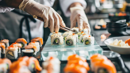 Professional Chef Preparing Sushi Rolls at a Sushi Barの素材