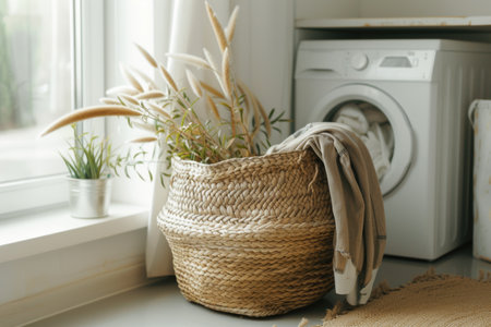 Laundry basket with linen and washing machine in a bright home interior. Cozy home concept with natural elements and copy spaceの素材
