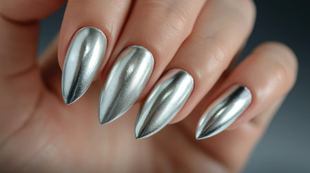 Hand with metallic silver nails in a stiletto shape, reflecting lightの素材