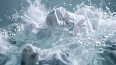 White clothing submerged in water with dynamic splashes. Close-up laundry washing concept. High-speed studio photography with copy space for design and printの素材