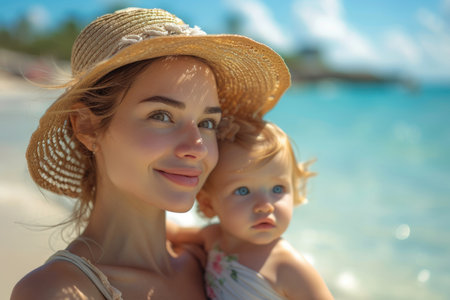 Mother in a sunhat embracing her young daughter at the beachの素材