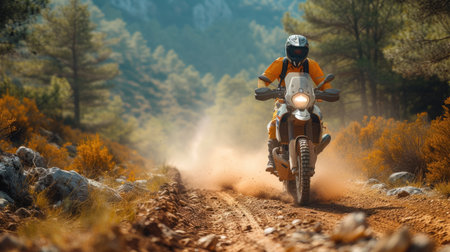 A motorcyclist races on a dusty trail, surrounded by a forestの素材