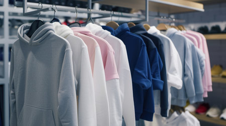 Assorted hoodies on hangers in a retail clothing store. Fashion retail concept with a range of colors for design and printの素材
