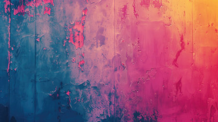 Vibrant blue to pink gradient on a rough textured wall. Abstract background with peeling paint effect for creative design and printの素材