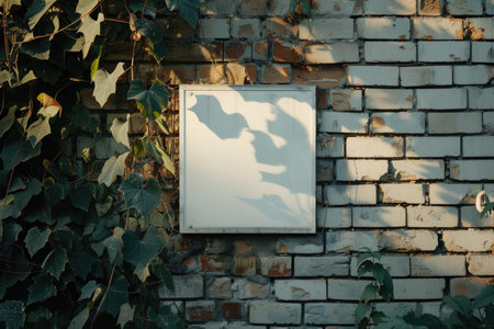 Empty white board on a brick wall with ivy shadows and leaves during sunset. Outdoor signage mockup with natural elements for design and printの素材