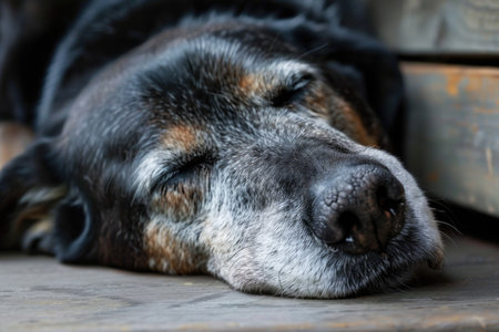 Sleeping black and white dog on cushion. Peaceful pet resting, concept of comfort and domestic life for greeting card, bannerの素材