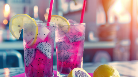 Dragon fruit and lemonade drinks in tall glasses. Refreshing summer beverage concept with bokeh background for menu designの素材