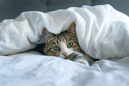 Tabby cat hiding under white duvet. Close-up pet portrait with place for text. Home comfort and pet care concept for design and printの素材