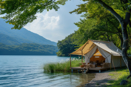 Luxury camping tent by the lake with lush greenery. Tranquil retreat and eco-tourism concept.の素材