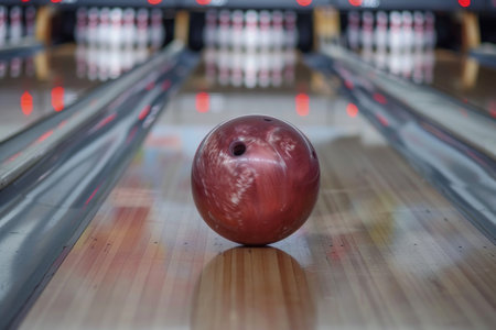 Red bowling ball on shiny alley with pins in background. Close-up sports equipment shot with copy space. Leisure activity and sport concept for poster, bannerの素材