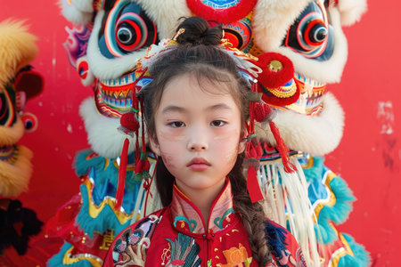 Chinese New Year concept with a young girl in traditional dress and lion dance costume. Cultural celebration and festival theme for greeting card and bannerの素材