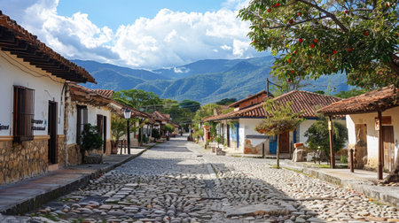 Colonial town street with cobblestone road and mountain backdrop. Sunny day landscape. Travel and tourism conceptの素材
