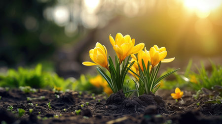 Vibrant Yellow Crocuses Blooming in Sunlit Garden Soilの素材