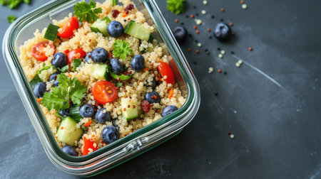 Healthy quinoa salad with blueberries and vegetables in glass container. Nutrition and meal prep concept for design and printの素材
