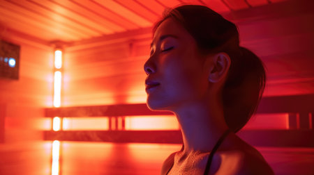 Woman Relaxing in Infrared Sauna with Ambient Lightingの素材