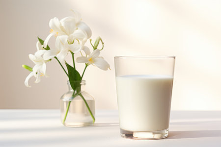 A glass glass with milk stands on a marble table with a bouquet of flowers in a vaseの素材