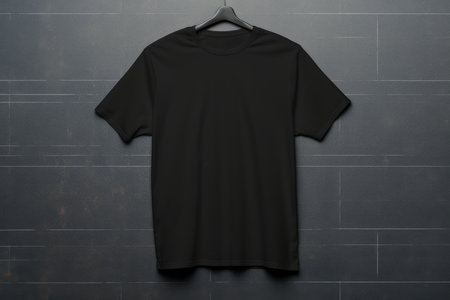 Plain black t-shirt presented on a hanger against a dark textured backdrop, ideal for brandingの素材