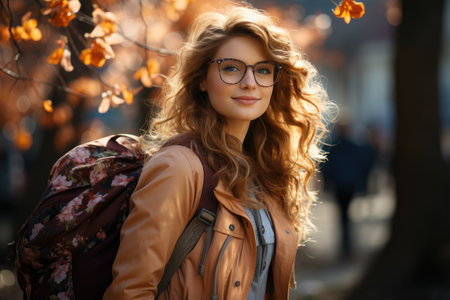 Fashionable woman with glasses in autumn scenery. Casual urban style portraitの素材