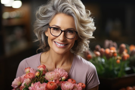 A smiling mature woman with stylish glasses and a bouquet of pink flowers, exuding charm and happinessの素材