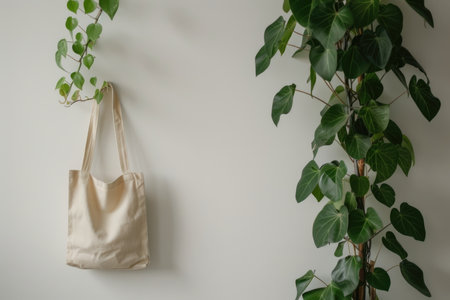 Canvas tote bag hanging on a white wall with green ivy plant. Eco-friendly lifestyle and sustainable fashion concept with copy space for designの素材