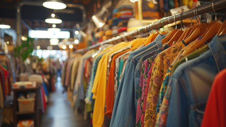 Vintage clothing on racks in a boutique store. Fashion and shopping concept. Design for retail marketing, thrift shopの素材