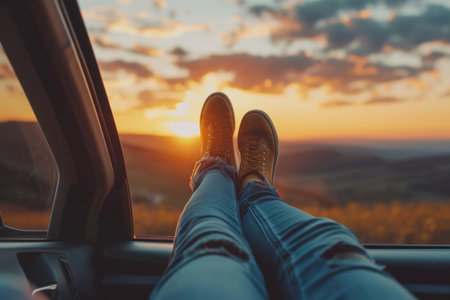 Feet in casual shoes on car dashboard during sunset. Road trip concept with landscape view. Adventure and travel theme for poster and banner design. Perspective photography with copy spaceの素材