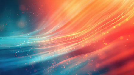Abstract red and blue dynamic waves with light particles on dark background. Digital wallpaper design with space for textの素材