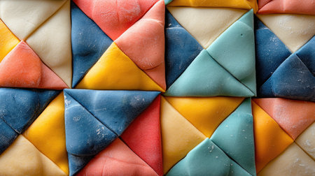 Colorful geometric shapes pattern. Abstract design of triangles in blue, orange, and yellow. Artistic background conceptの素材