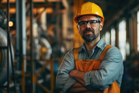 Confident male worker in safety helmet at industrial facility. Professional portrait with industrial background.の素材