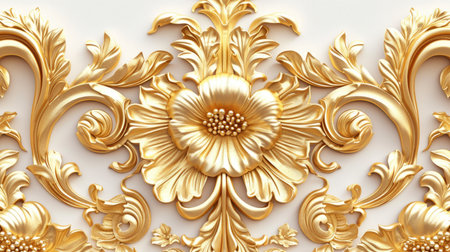 Golden baroque floral pattern on white background. Macro shot of luxury vintage ornament design for wallpaperの素材