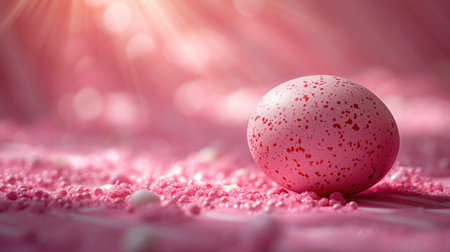 Single red speckled Easter egg on a vibrant pink background with radiant light and copy space. Easter holiday conceptの素材