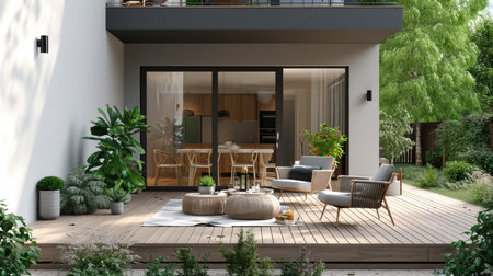 Modern outdoor patio with wooden decking and garden furniture. Real estate concept with an exterior view.の素材
