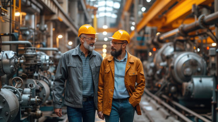 Senior engineer and technician discussing work in industrial plant. Safety and teamwork in factory concept. Industrial workplace scene with copy spaceの素材