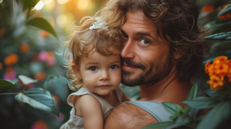 Father and toddler daughter in a tropical garden. Warm sunlight and nature background. Family bonding and childhood concept for design and printの素材